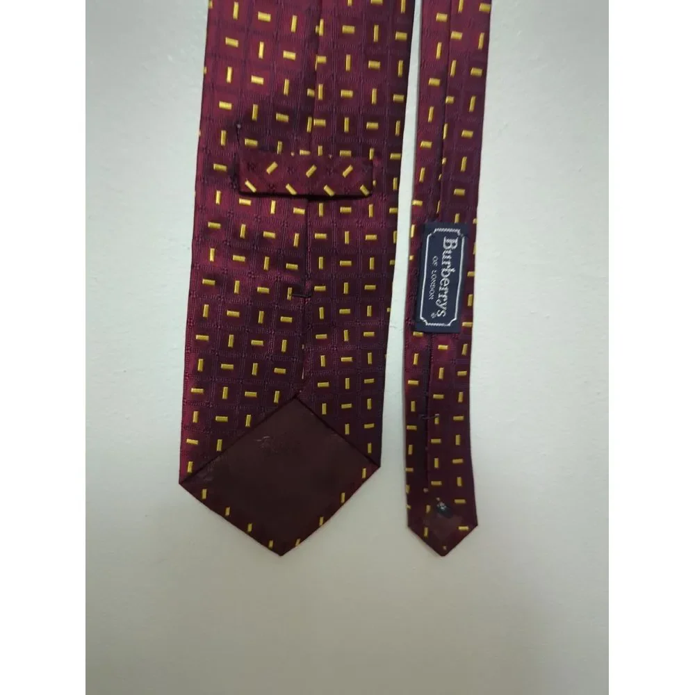Burberrys of London Men Silk Tie Burgundy Yellow Geometric Hand Sewn USA Vintage
